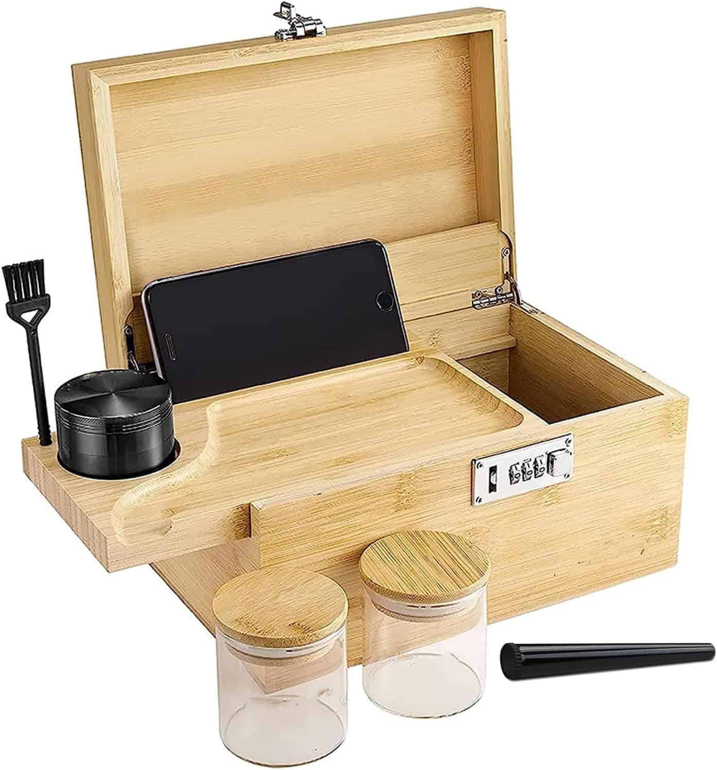 Caja de bambú con cerradura de combinación, bandeja enrollable para hierbas y accesorios