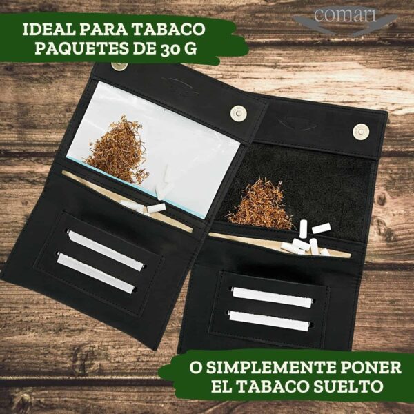 Pitillera de cuero premium para tabaco de liar, con botones magnéticos y compartimentos para papel y filtros