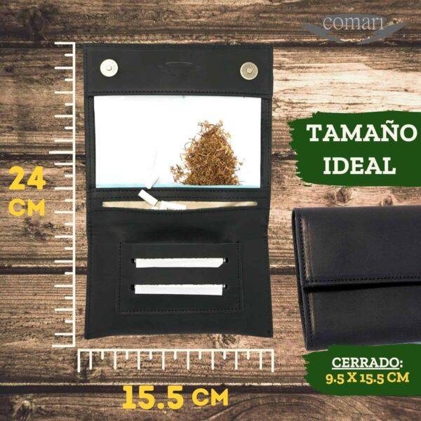 Pitillera de cuero premium para tabaco de liar, con botones magnéticos y compartimentos para papel y filtros